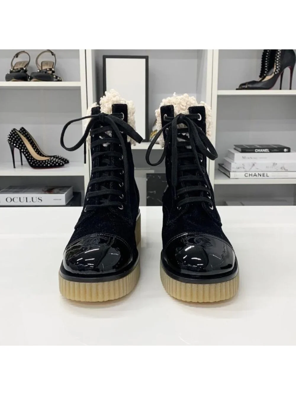 Chanel CC Logo Fabric Patent Fleece Short Boots